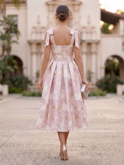 A-Line/Princess Cocktail Dresses Jacquard Square Neck Tea-Length with Bow Straps