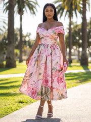 A-Line/Princess Cocktail Dresses Off Shoulder Floral Print Sleeveless Tea-Length