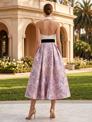 A-Line/Princess Cocktail Dresses Mixed Color Halter Deep V-Neck Jacquard Satin Sleeveless
