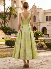 A-Line/Princess Cocktail Dresses Satin Jacquard Deep V-Neck Sleeveless