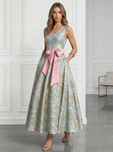 A-Line/Princess Cocktail Dresses Jacquard Floor-Length V-Neck with Bowknot Waist