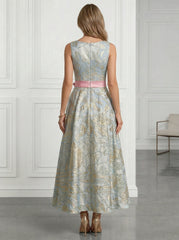 A-Line/Princess Cocktail Dresses Jacquard Floor-Length V-Neck with Bowknot Waist