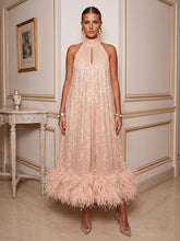 A-Line/Princess Halter Sparkly Sequin Tea-Length Cocktail Dresses with Feather Trim & Pleats