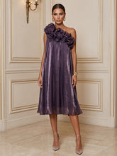 A-Line/Princess One Shoulder Organza Tea-Length Cocktail Dresses with Ruffles, Tiered Layers & Pleats