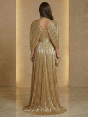 A Line V Neck Cape Sleeve Pleated Floor Length Luxurious Evening Dresses