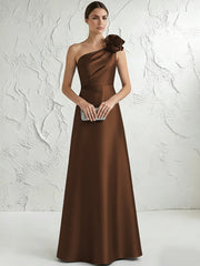 A Line/Princess One-Shoulder Floor Length Beaded Evening Dresses with Flower