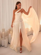 A-Line One Shoulder Drape Floor-Length Evening Dresses with Appliques