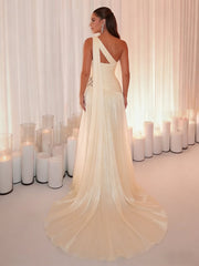 A-Line One Shoulder Drape Floor-Length Evening Dresses with Appliques