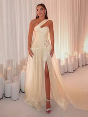 A-Line One Shoulder Drape Floor-Length Evening Dresses with Appliques