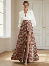 2 Pieces Mixed Jacquard A-Line V-Neck Long Sleeve Long Evening Dresses with Slit
