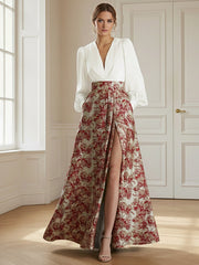 2 Pieces Mixed Jacquard A-Line V-Neck Long Sleeve Long Evening Dresses with Slit