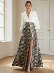 2 Pieces Mixed Jacquard A-Line V-Neck Long Sleeve Long Evening Dresses with Slit
