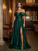 A-Line Satin Off Shoulder Pleated Maxi Evening Dresses with Sweep Train, Sequin Bodice & Slit