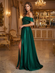 A-Line Satin Off Shoulder Pleated Maxi Evening Dresses with Sweep Train, Sequin Bodice & Slit