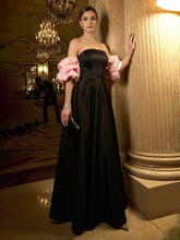 A-Line Satin Off Shoulder Pleated Maxi Pleated Evening Dresses with Sweep Train