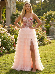 A-Line Tulle Strapless Sweetheart Evening Dresses with Slit & Floral Illusion Bodice