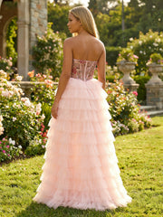 A-Line Tulle Strapless Sweetheart Evening Dresses with Slit & Floral Illusion Bodice