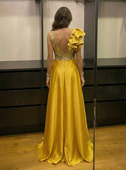 A-Line Satin Ruffle Sleeve Evening Dresses Maxi Formal Gowns with Sequin Bodice
