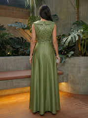 A-Line Satin Collar Neck Evening Dresses Maxi Gowns with Sequin Bodice & Functional Pockets