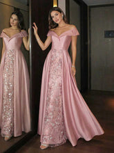 A-Line Satin Floor-Length Off Shoulder Evening Dresses with Sequin Embroidery