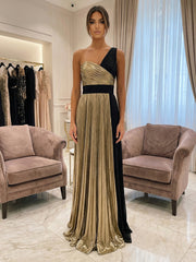 A-Line Metallic Pleated One Shoulder Evening Dresses Floor-Length Formal Gowns with Sweep Train