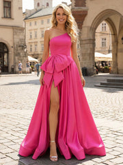 A-Line/Princess One Shoulder Satin Evening Dresses Floor-Length Ball Gowns with Sweep Train, High Slit & Waist Bow