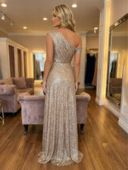 A-Line Off Shoulder Sparkly Sequin Long Evening Dresses