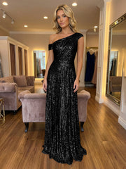 A-Line Off Shoulder Sparkly Sequin Long Evening Dresses