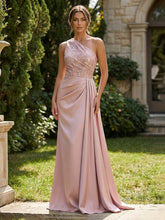 A-Line Satin One Shoulder Evening Dresses Floor-Length Formal Gowns with Lace Embellished Bodice & Ruched Waist