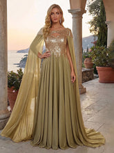 A-Line Metallic Satin Sheer Cape Sleeve Off Shoulder Evening Dresses Maxi Formal Party Gowns with Sweep Train & Sequin Embellished Bodice