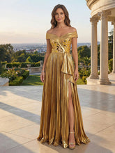 A-Line Pleated Metallic Satin Off Shoulder Evening Dresses Maxi Formal Party Gowns with Ruffled High Slit