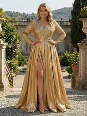 A-Line/Princess Metallic Satin Long Sleeves Evening Dresses Deep V-Neck Maxi Formal Ball Gowns with Sequin Bodice, High Slit & Sweep Train