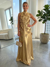 A-Line Metallic High Neck Maxi Evening Dresses with 3D Floral Appliques