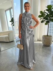 A-Line Metallic High Neck Maxi Evening Dresses with 3D Floral Appliques