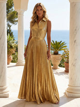 A-Line Metallic Satin Pleated Floor-Length Maxi Evening Dresses with Collared Neck