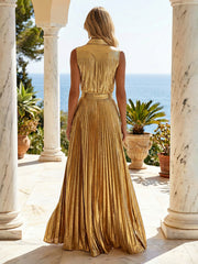 A-Line Metallic Satin Pleated Floor-Length Maxi Evening Dresses with Collared Neck