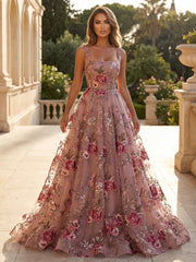 A-Line Square Neck Floral Embroidered Lace Maxi Evening Dresses Ball Gowns