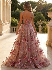 A-Line Square Neck Floral Embroidered Lace Maxi Evening Dresses Ball Gowns