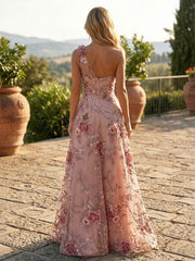 A-Line One Shoulder Floral Embroidered Lace Maxi Evening Dresses