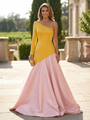 A-Line One Shoulder Mixed Color Floor-Length Evening Dresses with Sweep Train