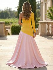 A-Line One Shoulder Mixed Color Floor-Length Evening Dresses with Sweep Train