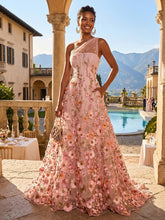 A-Line One Shoulder Floral Appliques Evening Dresses with Sweep Train