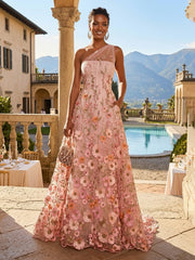 A-Line One Shoulder Floral Appliques Evening Dresses with Sweep Train