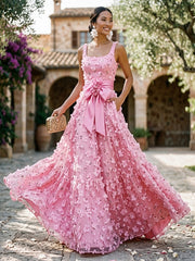 A-Line Square Neck Floor-Length Evening Dresses with 3D Flower
