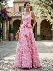 A-Line Square Neck Floor-Length Evening Dresses with 3D Flower