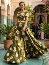 A-Line Floral Print Satin Off Shoulder Evening Dresses with Rhinestone Waist
