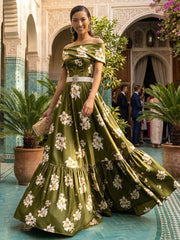 A-Line Floral Print Satin Off Shoulder Evening Dresses with Rhinestone Waist