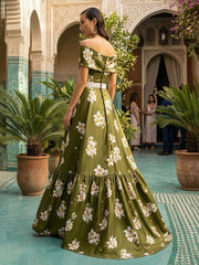 A-Line Floral Print Satin Off Shoulder Evening Dresses with Rhinestone Waist