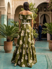 A-Line Floral Print Satin Off Shoulder Evening Dresses with Rhinestone Waist