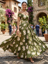 A-Line Off Shoulder Floral Print Satin Evening Dresses with Rhinestone Waist